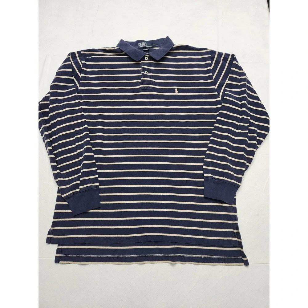 Polo Ralph Lauren Polo Shirt Mens XL Blue Striped Long Sleeve Cotton Casual